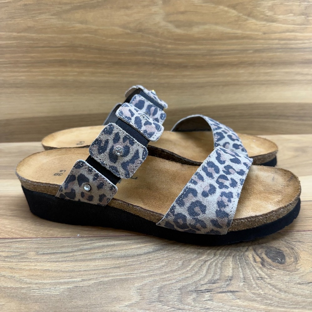 Naot Leopard Suede Double-Strap Slide Sandals in Beige and Black